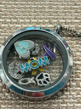 Silver Floating Locket Necklace with Blue MOM and Multicolor Charms